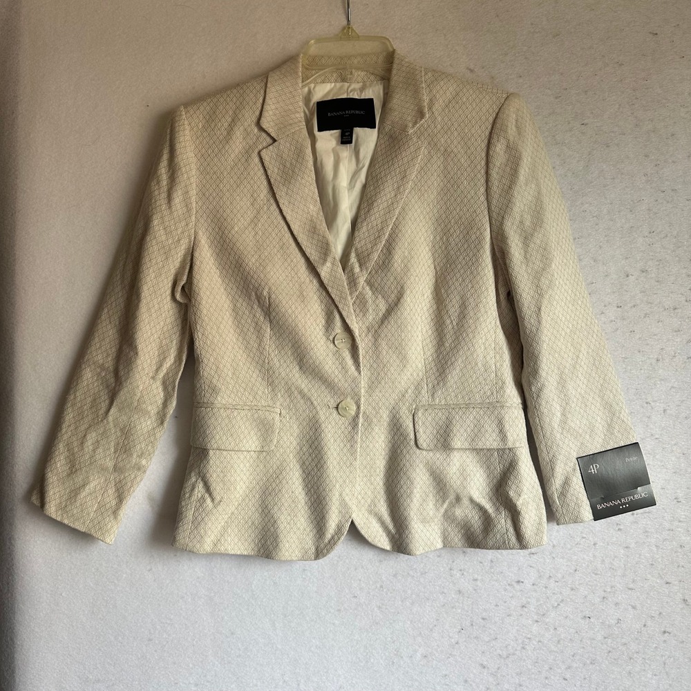 Banana Republic Petite 4P Cream Tan Diamond Jacquard Two Button Blazer Jacket